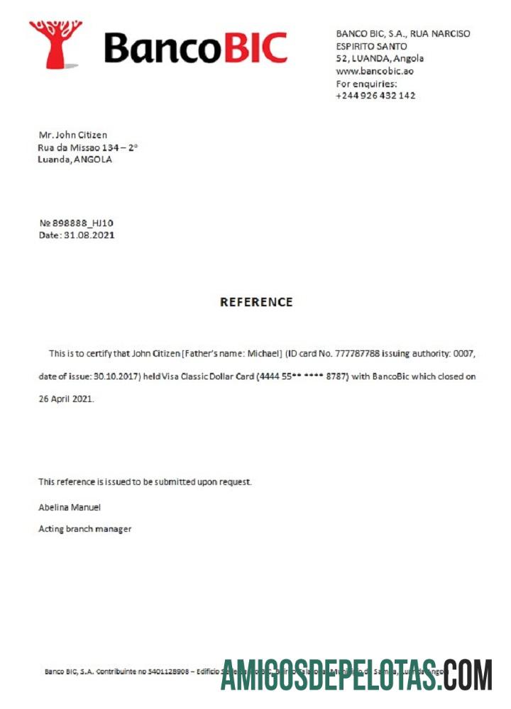 Referência de encerramento do Bancobic Angola amostra